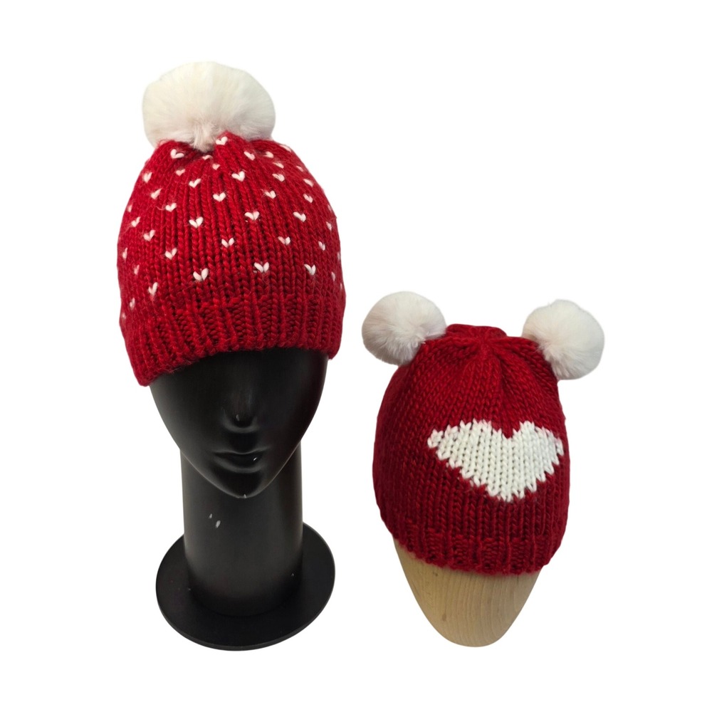 Mami &‎ Me Red Knit Beanie Hat White Hearts Pom Poms One Size